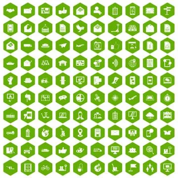 100 post and mail icons hexagon green Stock Illustration