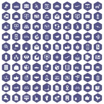 100 post and mail icons hexagon purple Stock Illustration