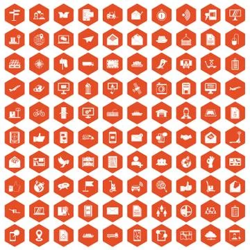 100 post and mail icons hexagon orange 库存插图