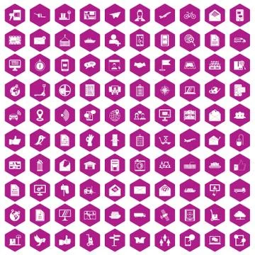 100 post and mail icons hexagon violet Stock Illustration
