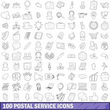 100 postal service icons set, outline style Illustration