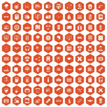 100 printer icons hexagon orange Stock Illustration
