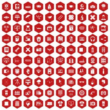 100 printer icons hexagon red Stock Illustration
