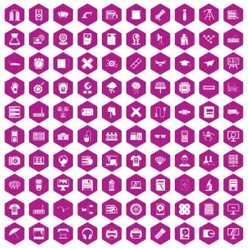 100 printer icons hexagon violet Stock Illustration
