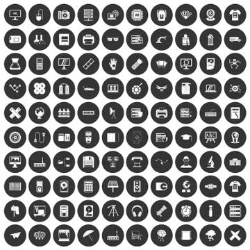100 printer icons set black circle Stock Illustration