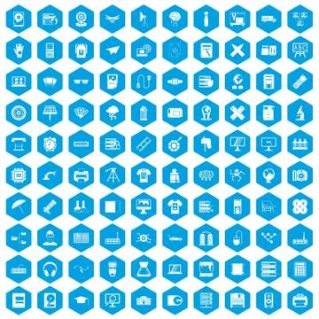 100 printer icons set blue Stock Illustration