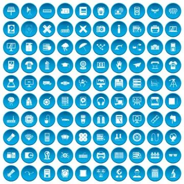 100 printer icons set blue Stock Illustration