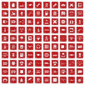 100 printer icons set grunge red Stock Illustration
