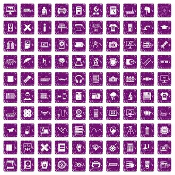 100 printer icons set grunge purple Stock Illustration