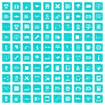 100 printer icons set grunge blue Stock Illustration
