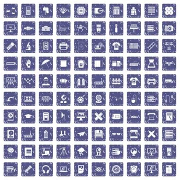 100 printer icons set grunge sapphire Stock Illustration