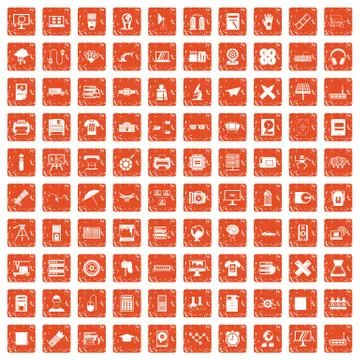 100 printer icons set grunge orange Stock Illustration