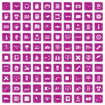 100 printer icons set grunge pink Stock Illustration
