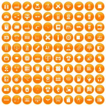 100 printer icons set orange Stock Illustration