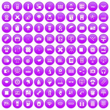 100 printer icons set purple Illustrazione stock