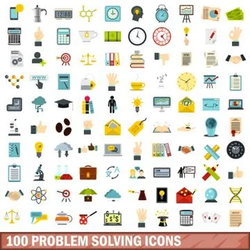 100 problem solving icons set, flat style イラスト素材