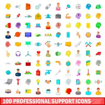 100 professional support icons set, cartoon style Stockillustratie