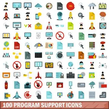 100 program support icons set, flat style イラスト素材