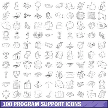 100 program support icons set, outline style イラスト素材