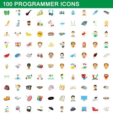 100 programmer icons set, cartoon style Stock-Illustration