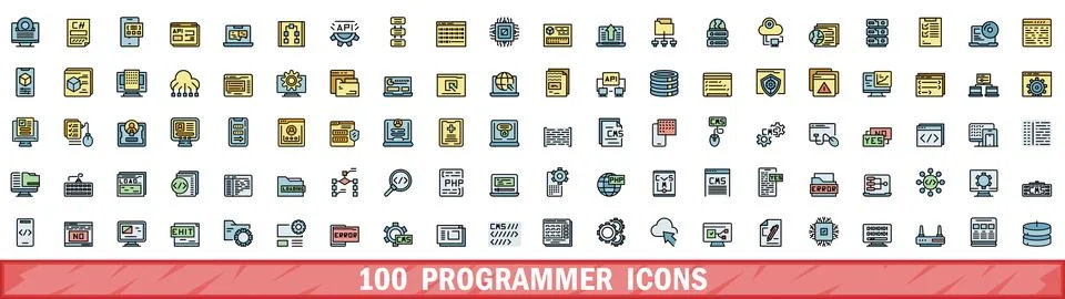 100 programmer icons set, color line style Stockillustratie