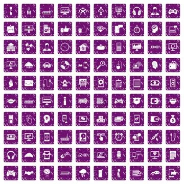 100 programmer icons set grunge purple Stock-Illustration