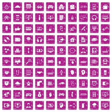100 programmer icons set grunge pink Stock-Illustration