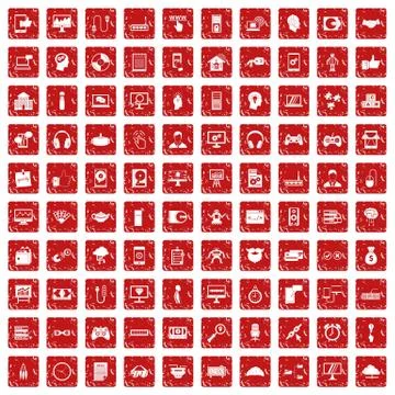 100 programmer icons set grunge red Stock-Illustration