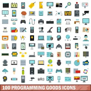 100 programming goods icons set, flat style Illustrazione stock