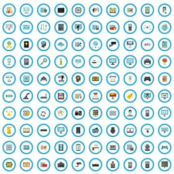 100 programming goods icons set, flat style Stock Illustration