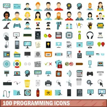 100 programming icons set, flat style 库存插图