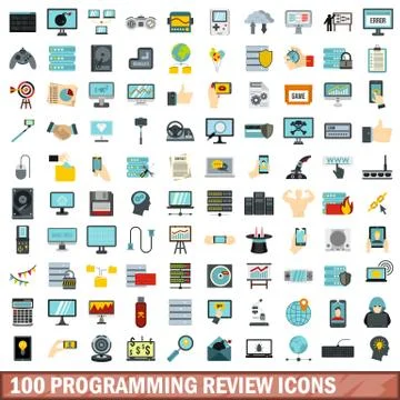 100 programming review icons set, flat style Stock Illustration