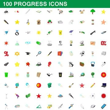 100 progress icons set, cartoon style Stock Illustration