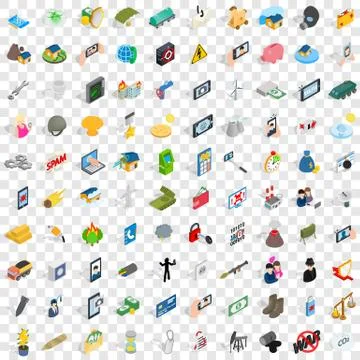100 progress icons set, isometric 3d style Stock Illustration