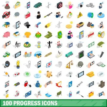 100 progress icons set, isometric 3d style Ilustración de archivo