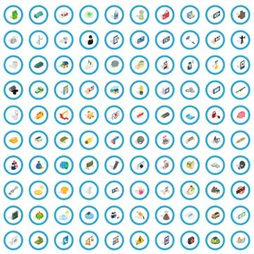 100 progress icons set, isometric 3d style Stock Illustration