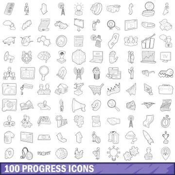 100 progress icons set, outline style Stock Illustration