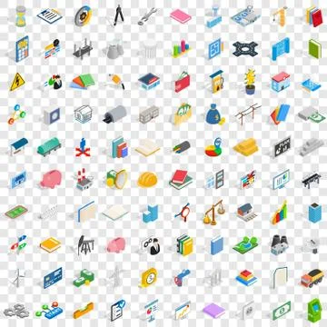 100 project planning icons set, isometric 3d style Stock Illustration