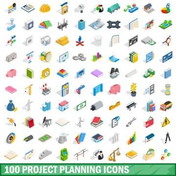 100 project planning icons set, isometric 3d style Stock-Illustration