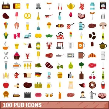 100 pub icons set, flat style Stock Illustration