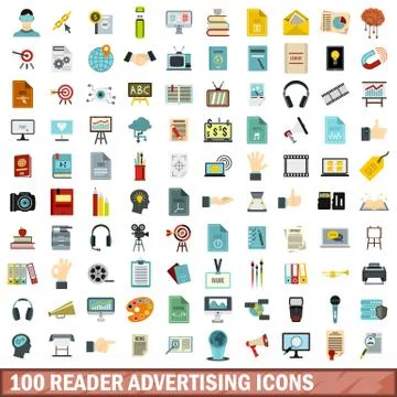 100 reader advertising icons set, flat style Illustrazione stock