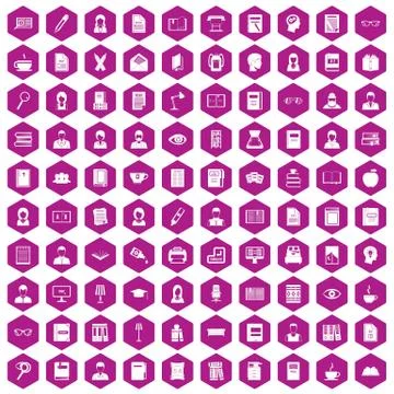 100 reader icons hexagon violet Stock Illustration