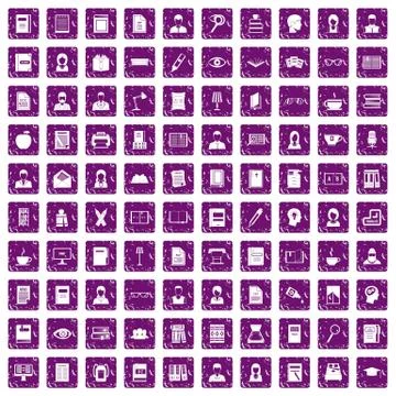 100 reader icons set grunge purple Stock Illustration