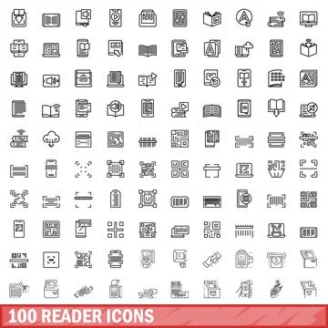 100 reader icons set, outline style Stock Illustration