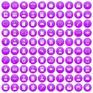 100 reader icons set purple Stock Illustration