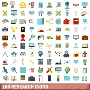100 research icons set, flat style Stockillustratie