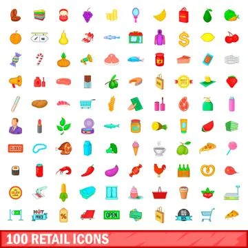 100 retail icons set, cartoon style Illustrazione stock
