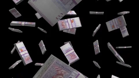 100 Ringgit Malaysia Falling Animation Stacks Of Money on Black Screen Stock Footage 302587856