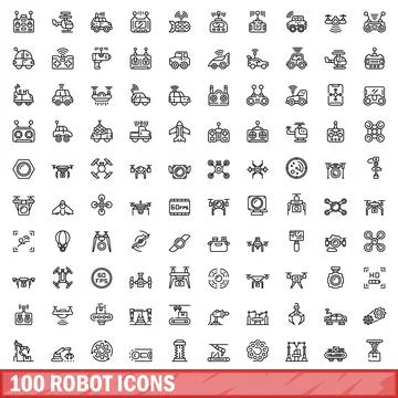 100 robot icons set, outline style Stock Illustration