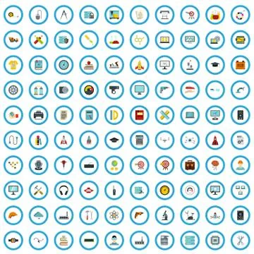 100 robotics engineering icons set, flat style Stock Illustration